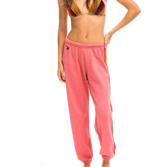 AVIATOR NATION 6 Stripe Rainbow Sweatpants Coral Pink Size Large - Picture 3 of 15